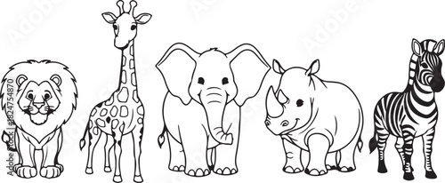 Black and White Line Art of Five African Safari Animals Standing Together african animals lion on transparent background