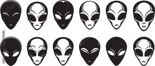 Collection of stylized alien head icons in black and white with variations in facial features and fill on transparent background