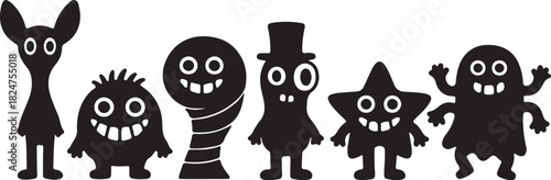Collection of six cartoon monster silhouettes with large eyes and mouths on a white background creature on transparent background