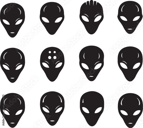 Collection of twelve black alien head icons with variations in facial features and head shape extraterrestrial on transparent background