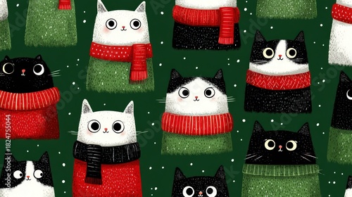 Cute cats wearing winter clothes seamless pattern