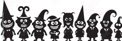 Diverse Group of Silhouetted Cartoon Characters with Various Hats and Expressions vector illustration on transparent background