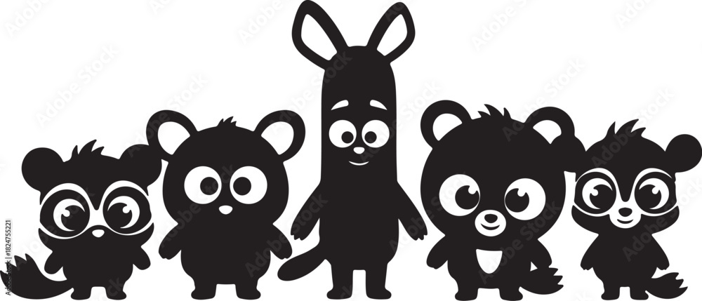 Obraz premium Group of Five Cute Cartoon Animal Silhouettes with Big Eyes on White Background animals on transparent background