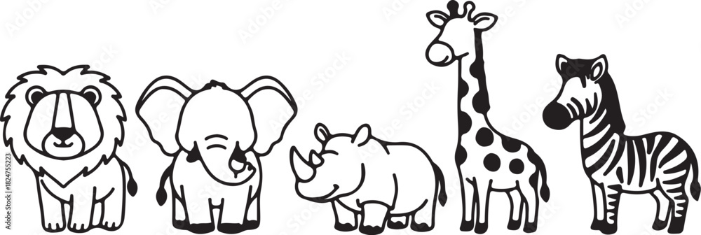 Fototapeta premium Five Cartoon Safari Animal Line Drawings on White Background animals lion on transparent background