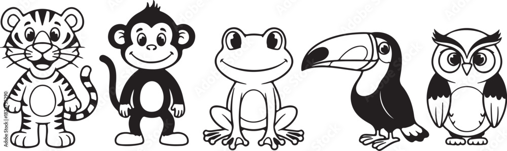 Fototapeta premium Lineup of Five Cartoon Animals Including Tiger, Monkey, Frog, Toucan, and Owl vector illustration on transparent background