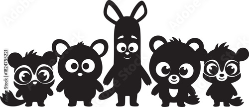 Group of Five Cute Cartoon Animal Silhouettes with Big Eyes on White Background animals on transparent background