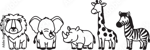Five Cartoon Safari Animal Line Drawings on White Background animals lion on transparent background