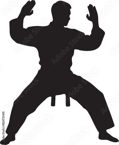 Silhouette of a martial artist in a karate stance with arms raised and legs spread wide Keywords: karate, martial arts, silhouette, black, white, fighter, warrior, combat, on transparent background