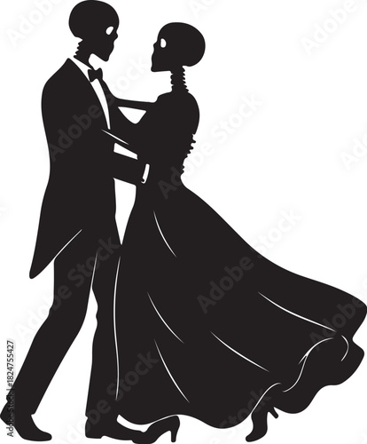 Silhouette of a skeleton couple dancing in formal attire Keywords: skeleton, couple, dancing, formal, attire, tuxedo, gown, ballroom, dance, romance, love, celebration, on transparent background