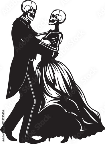 Silhouette of a skeleton couple dancing formally with the male in a tuxedo and the female in a ballgown Keywords: skeleton, skeletons, dancing, couple, silhouette, black, on transparent background