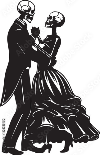 Silhouette of a skeleton couple dancing in formal attire with ruffled dress Keywords: skeleton, couple, dancing, formal, attire, tuxedo, gown, ballroom, dance, romance, on transparent background