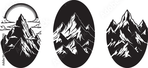 Three stylized mountain range illustrations in black and white with a rainbow and clouds on the left Keywords: mountain, mountains, peak, peaks, summit, range, silhouette, on transparent background