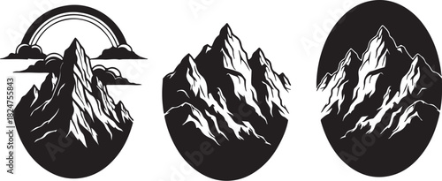 Three Stylized Mountain Peaks with Rainbow and Clouds in Oval Frames on White Background mountains mountain range on transparent background
