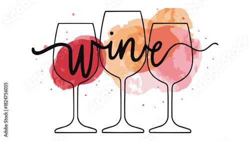 Modern minimalist wine glass illustration with watercolor splashes and handwritten typography on white background