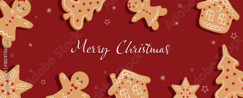 Merry Christmas banner, cards or background, design template. Homemade gingerbread man cookie theme concept, holiday fair and sale. Vector illustration.
