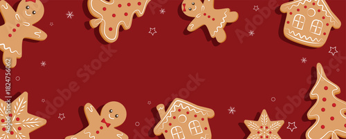 Merry Christmas banner, cards or background, design template. Homemade gingerbread man cookie theme concept, holiday fair and sale. Vector illustration.