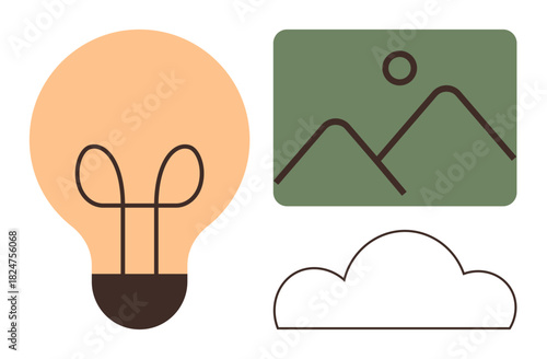 Light bulb for creativity, landscape image for vision, and cloud for imagination. Ideal for innovation, design, brainstorming, ideas, inspiration technology and modern concepts. Simple flat
