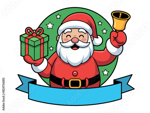Santa Claus character holding a gift box and a ringing bell, with a blank banner for text.