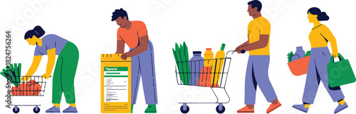 People Shopping for Groceries and Food in Market or Supermarket with Trolley and Basket Flat Vector Illustration in Cartoon Style Design