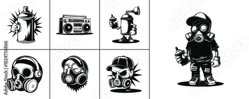 Graffiti street art vector set with spray paint, gas mask, boombox, and urban character illustration in monochrome style