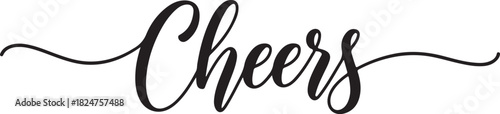Black script calligraphy word Cheers with flourishes on a white background toast celebration
