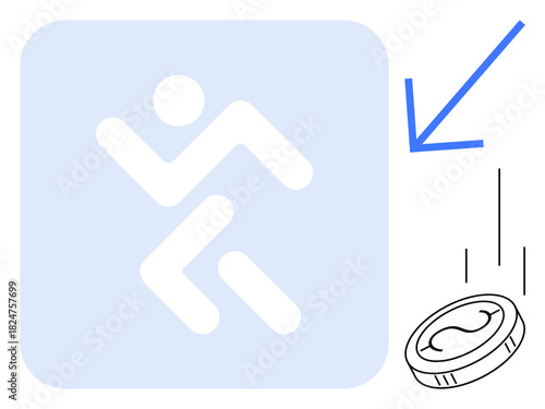 Abstract human figure running, directed arrow, and coin falling, suggesting finance, growth, action. Ideal for economy, savings, motion finance tips investment risk-taking simple flat metaphor
