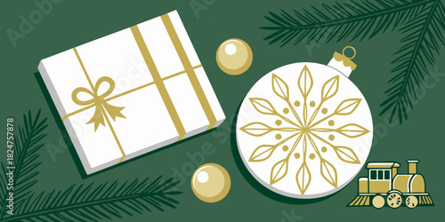 festive holiday gift presentation with ornamental decoration on evergreen background