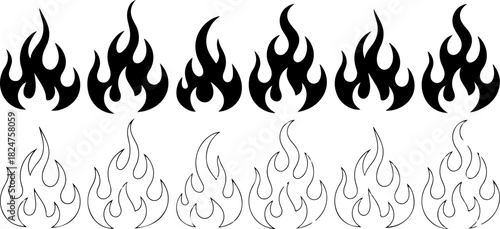 Orange flame icon set with stylized burning elements