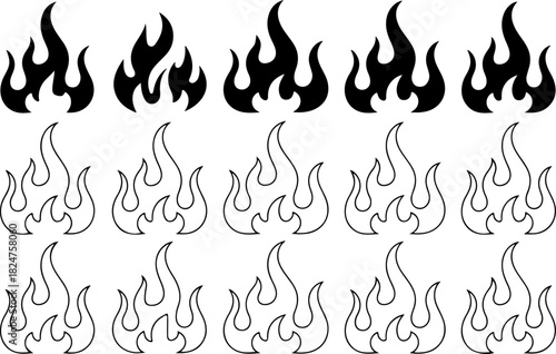 Orange flame icon set with stylized burning elements