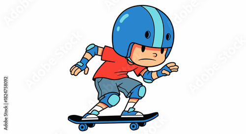 Energetic Cartoon Boy Skateboarding with Helmet and Pads on Isolated White Background