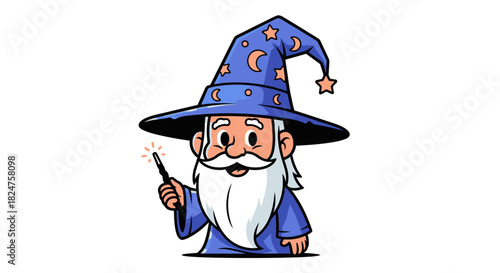 Wise Old Cartoon Wizard Holding Magic Wand on Isolated White Background