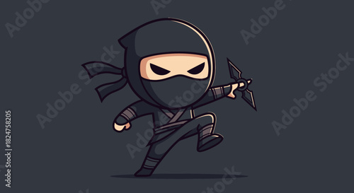 Fierce ninja warrior in black uniform with mask attacking and holding a shuriken in a dark studio background.