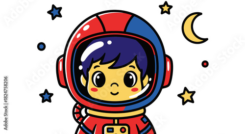 Happy young boy astronaut wearing a space helmet with a moon and stars in the background, dreaming of space adventure.