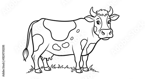 Dairy cow standing with clear markings, isolated white background, black and white outline drawing.