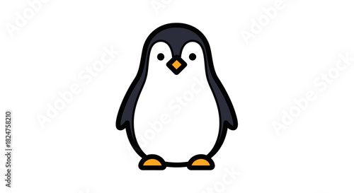 Cute penguin standing upright, isolated white background, black and white outline drawing.