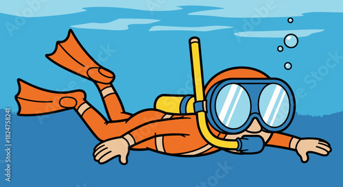 Person in orange wetsuit snorkeling underwater with mask and snorkel in clear blue ocean water, discovering marine life.