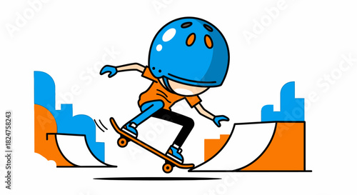 Energetic young boy in a blue helmet skateboarding on a ramp at a colorful skate park, performing a dynamic trick.
