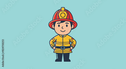 Brave cartoon male firefighter in uniform and helmet, standing with hands on hips, ready for action on a solid blue background.