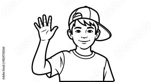 Friendly cartoon boy wearing a cap, happily waving his hand in an outline drawing, on an isolated white background.