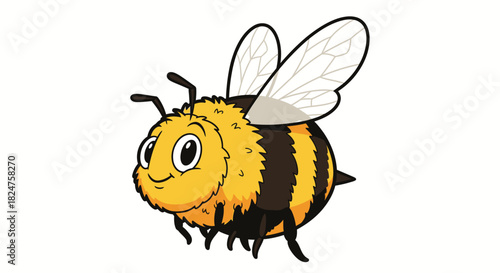 Adorable cartoon bee with black and yellow stripes flying happily on an isolated white background.