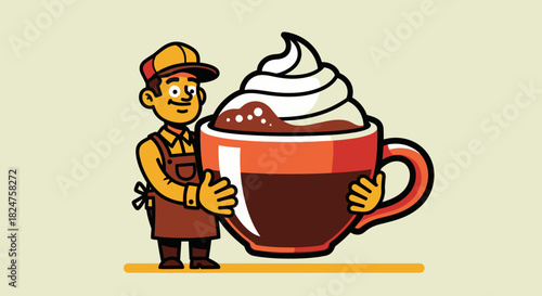 Friendly cartoon barista proudly presenting a delicious cup of coffee with whipped cream on a solid beige background.