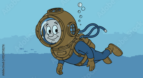 Adventurous cartoon diver in a vintage diving helmet exploring the calm blue underwater world with small fish.