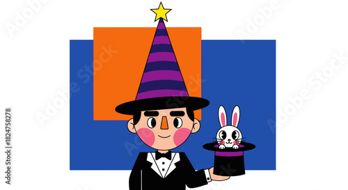 Whimsical cartoon magician with a wizard hat performing a magic trick with a bunny in a top hat on a geometric blue and orange background.