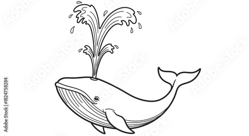 Majestic cartoon whale outline drawing spouting water, ideal for a coloring book, on an isolated white background.