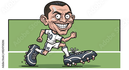 Energetic cartoon male soccer player in a white jersey dribbling the ball across a green football field with a happy expression.