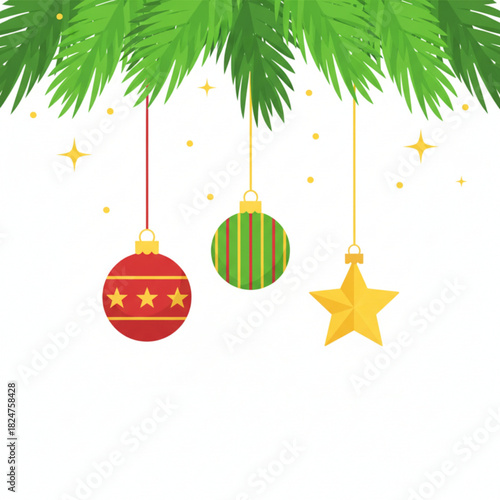 Decorative hanging Christmas baubles and a star under green pine branches.