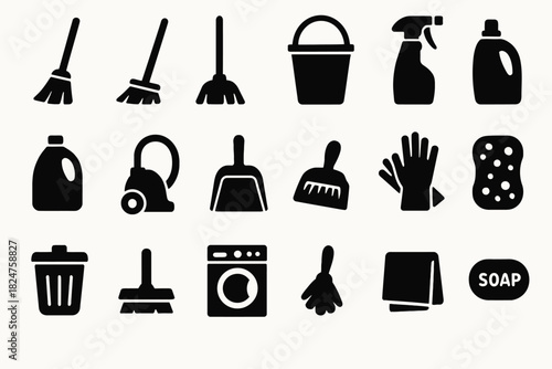 Household cleaning tools and supplies icons set