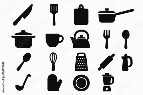 Silhouette icons of kitchen utensils and cookware tools