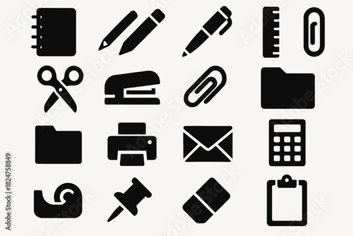 Silhouette icons of office supplies: scissors, printer, calculator, folder, pen, clip, ruler