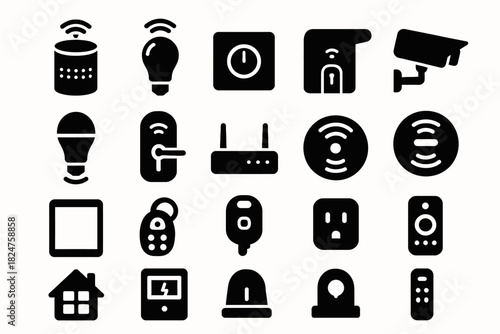 Set of smart home device icons: lightbulbs, camera, router, and more